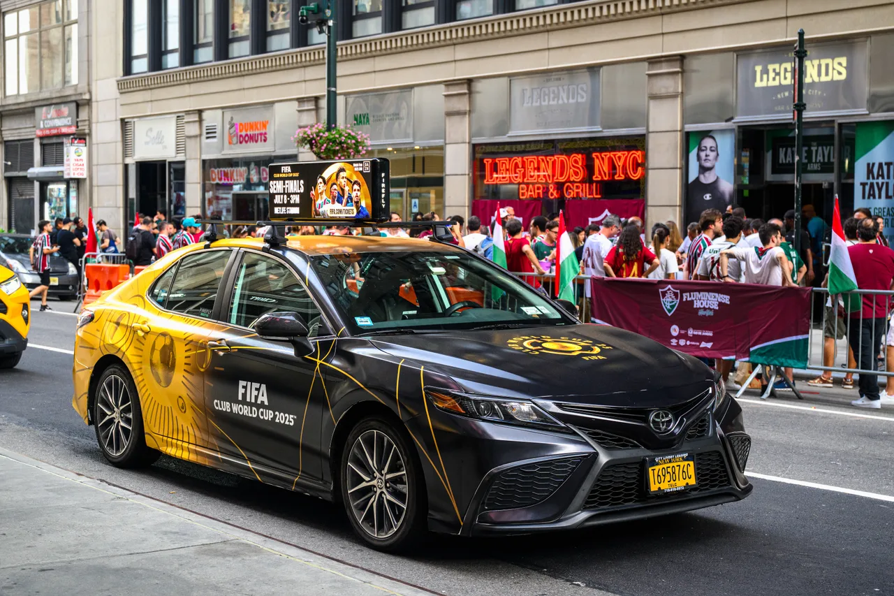FIFA Club World Cup 2025 running on a 360 wrap with digital top at Legends NYC, West 33rd Street, New York, 2025