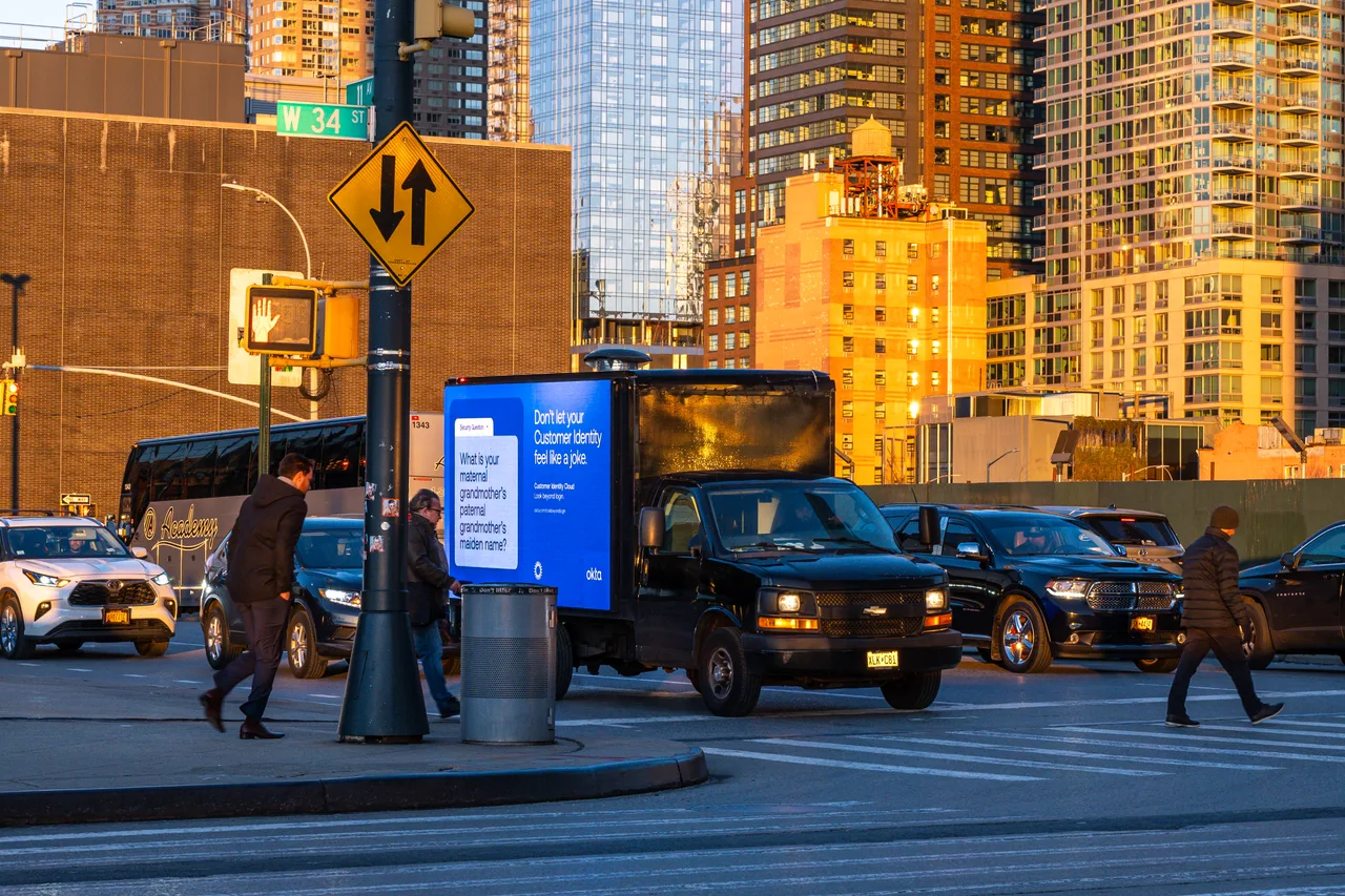 Okta running on a led truck at West 34th Street, Hudson Yards, New York, 2024