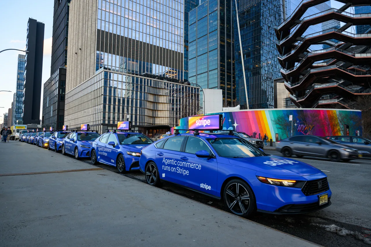 Stripe running on a 360 wrap swarm with digital tops at Hudson Yards, New York, 2026
