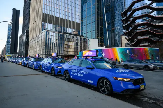 Stripe running on a 360 wrap swarm with digital tops at Hudson Yards, New York, 2026
