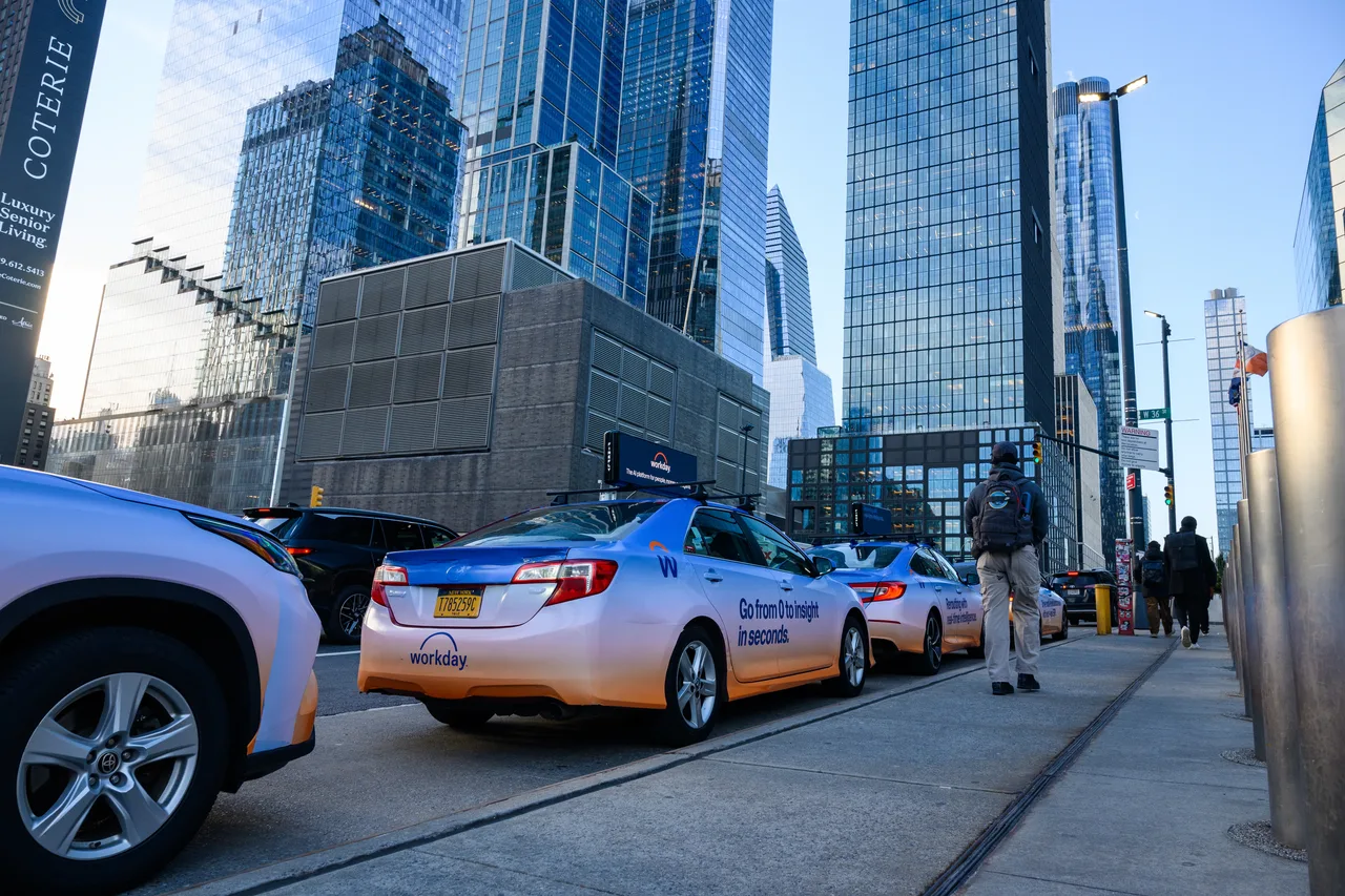Workday running on a 360 wrap swarm with digital tops at West 36th Street, Hudson Yards, New York, 2025